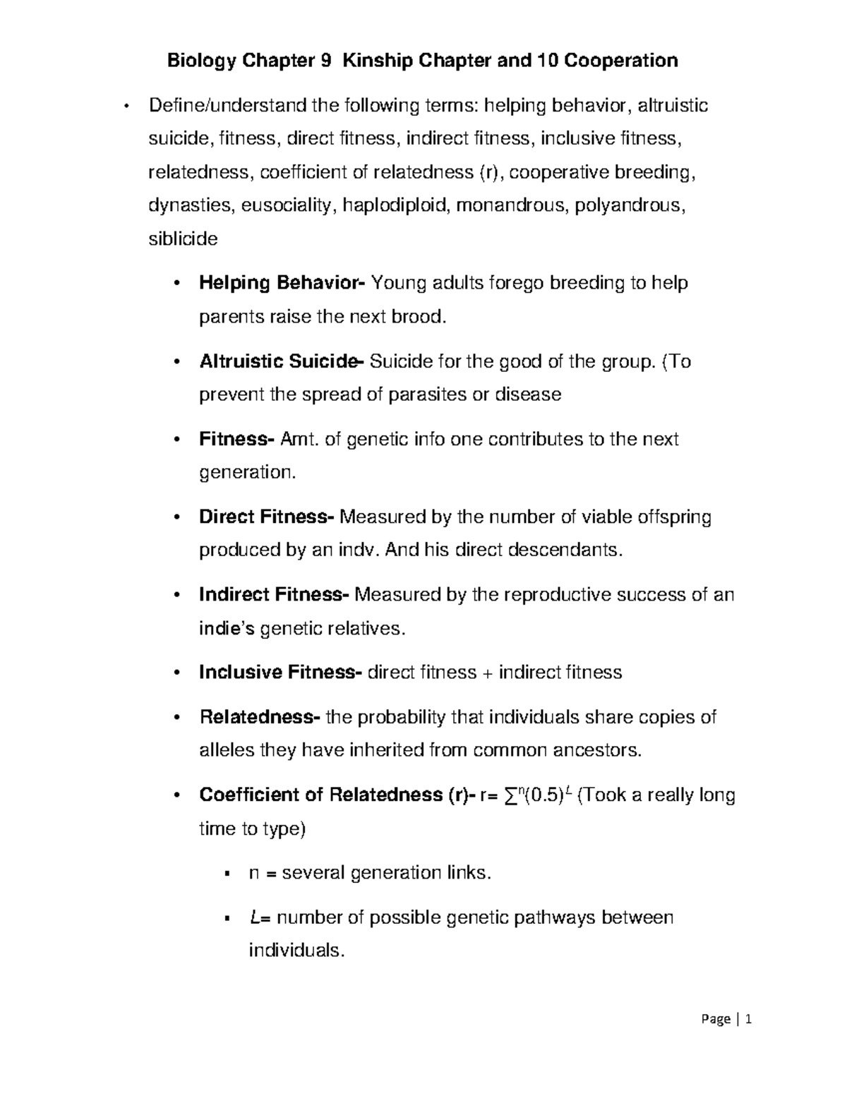 Biology Chapter 9 Kinship Chapter and 10 Cooperation Biology Chapter