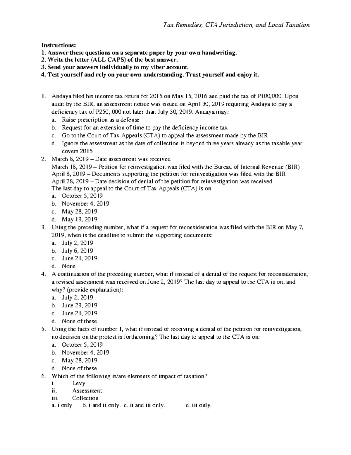 Exercises on Tax Remedies, CTA Jurisdiction and Local Taxation ...