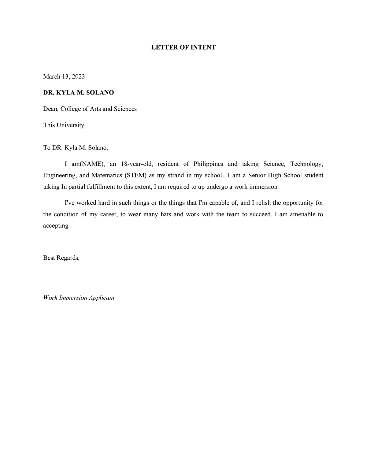 Letter OF Intent - WI - cdssdsvfsv - LETTER OF INTENT March 13, 2023 DR ...