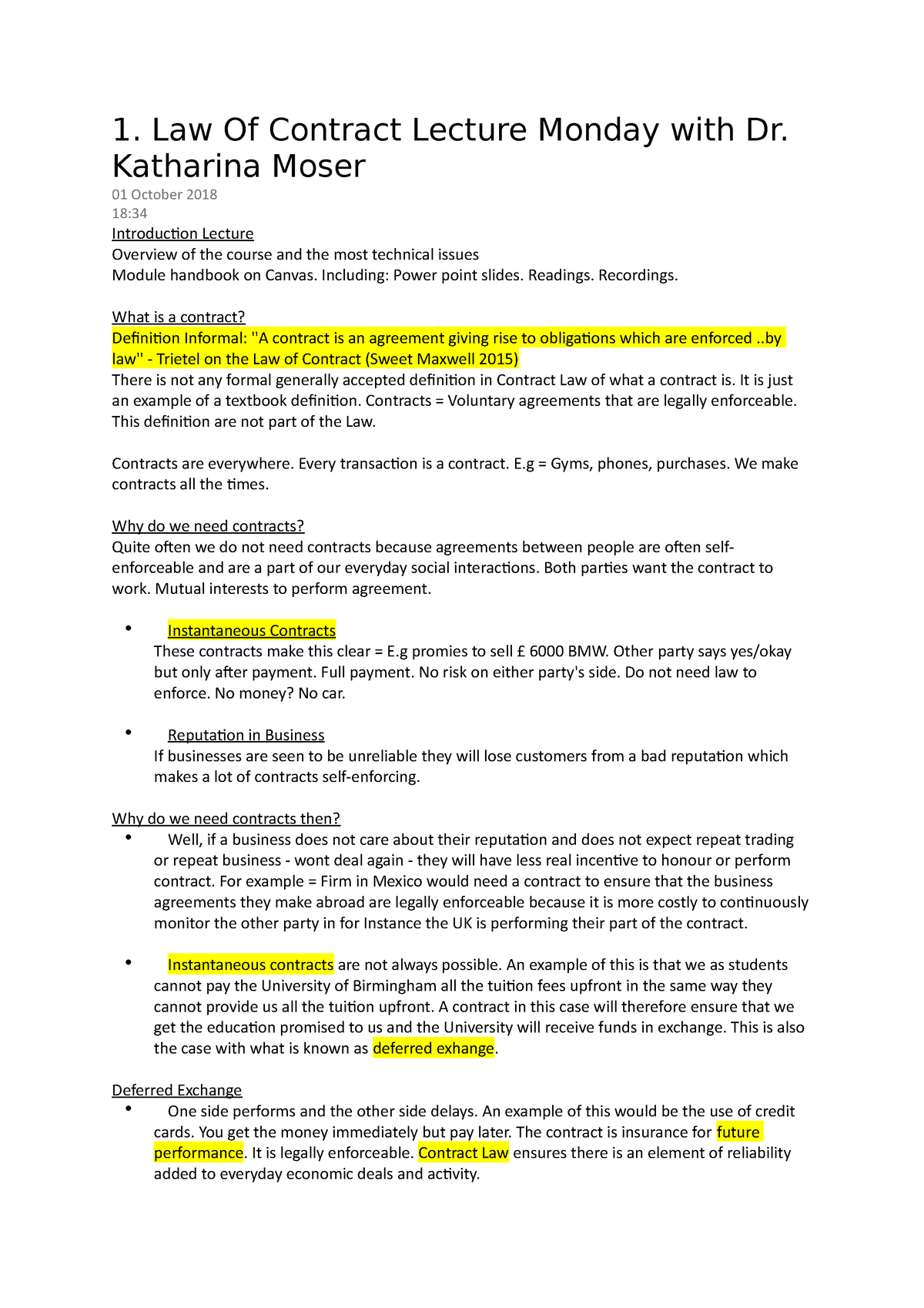 Lecture 1 Notes Introduction To Contract Law - 1. Law Of Contract ...