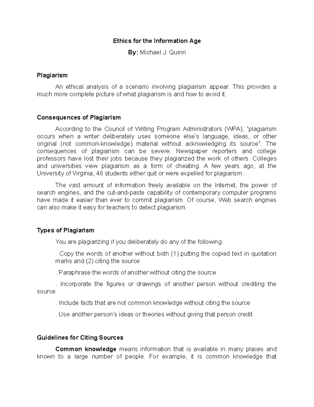 Ethics for the Information Age Plagiarism - Ethics for the Information ...