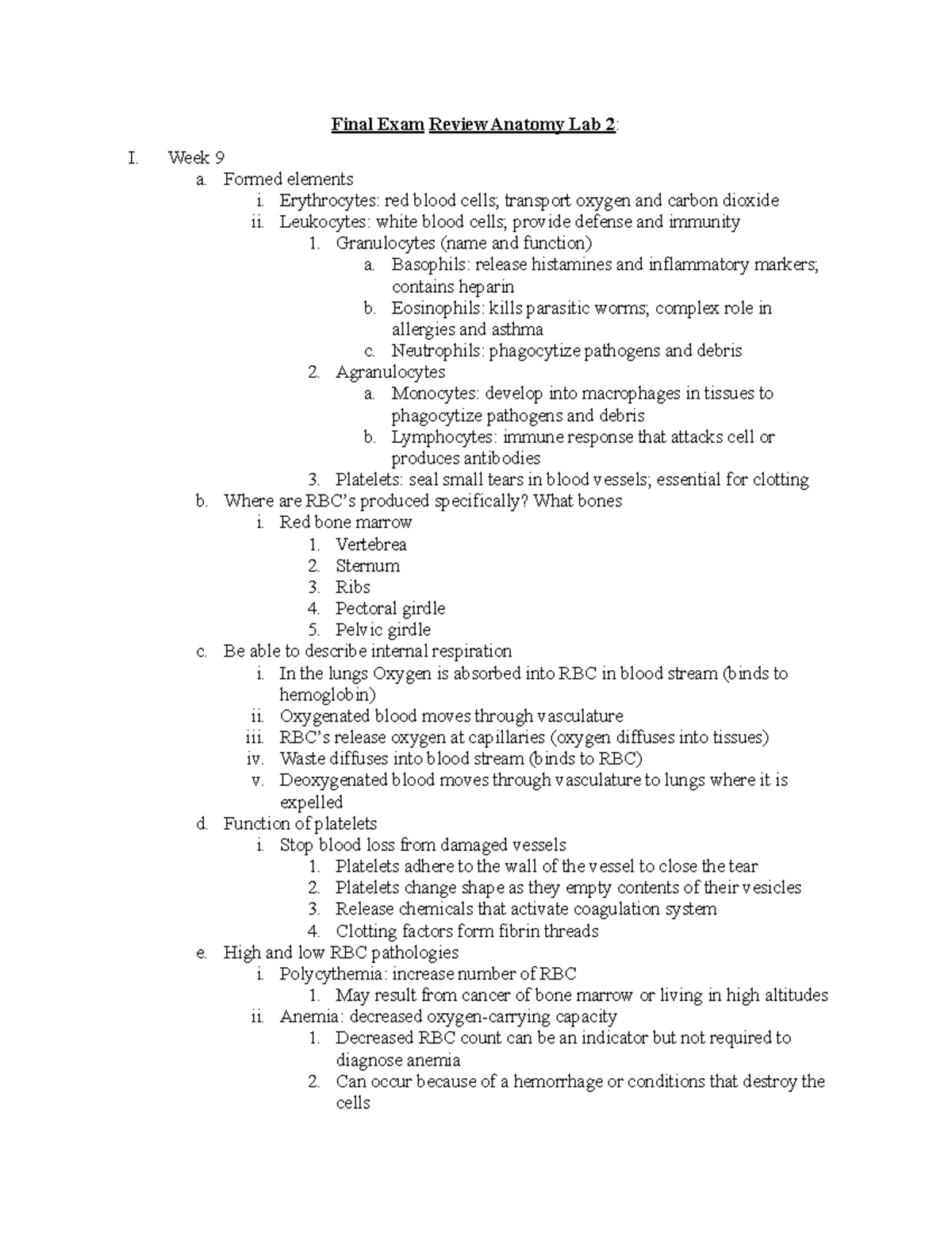 Lab Final Review 2 - Final Exam Review Anatomy Lab 2: I. Week 9 a ...