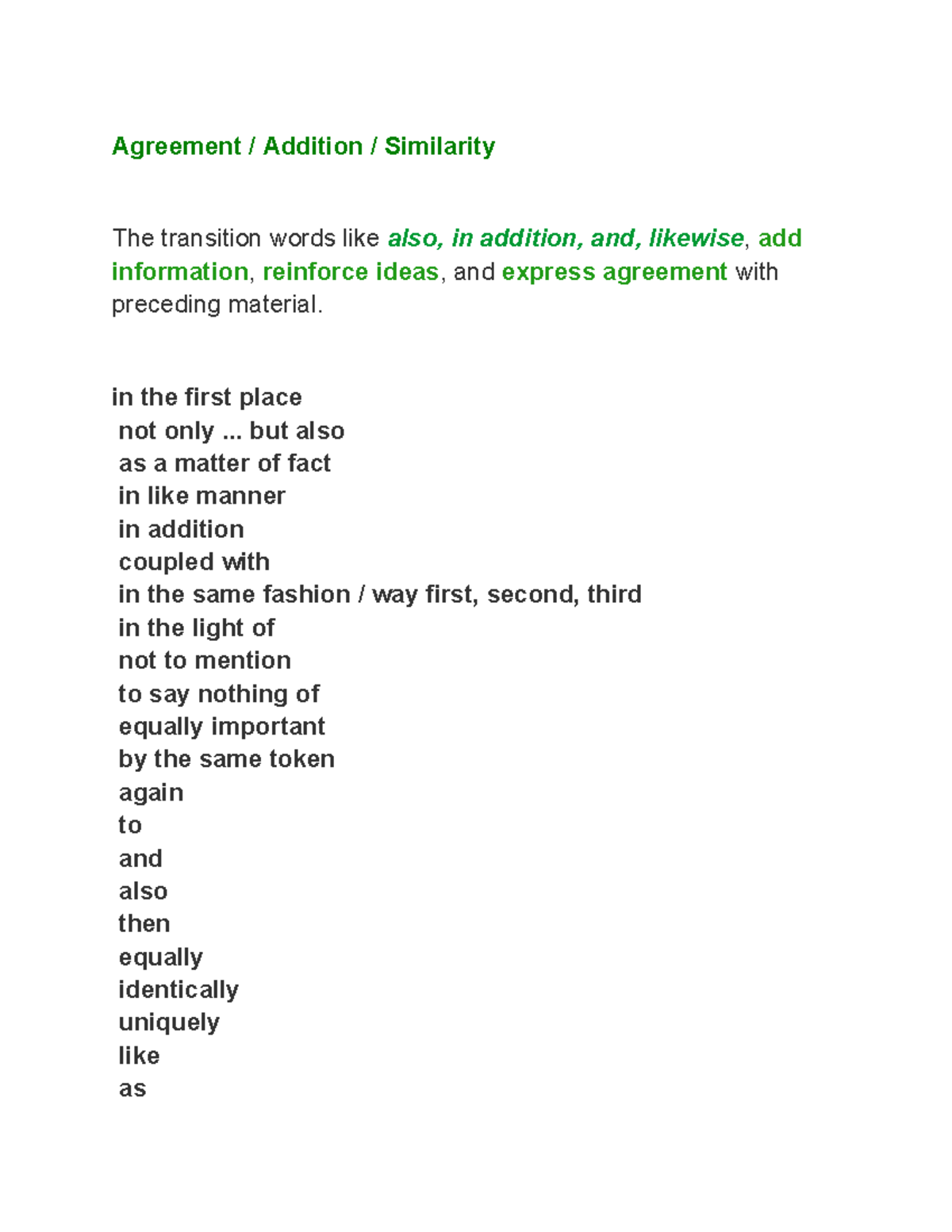 Transition Words - Agreement / Addition / Similarity The transition ...