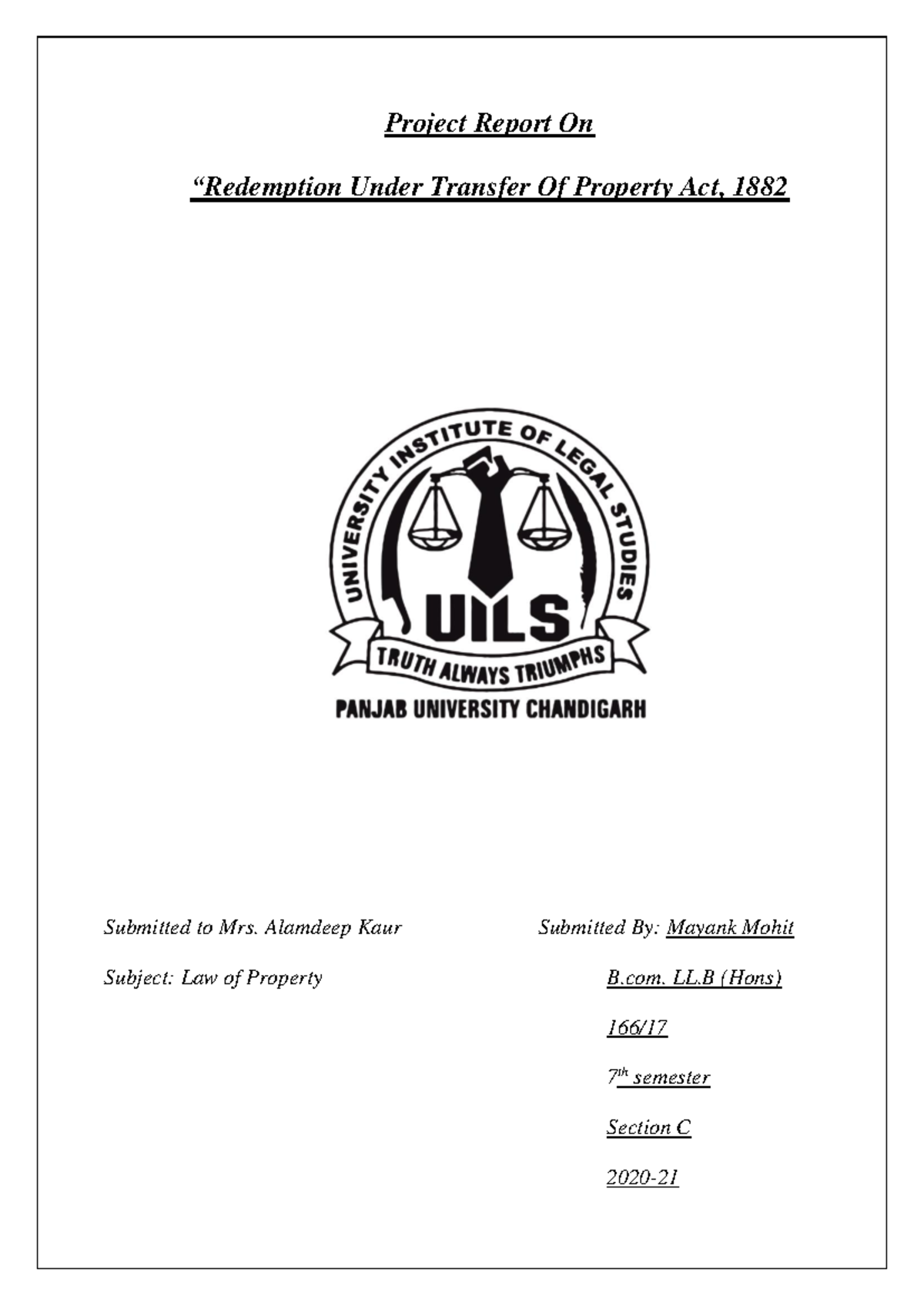 Right of Redemption in India Project Report On “Redemption Under