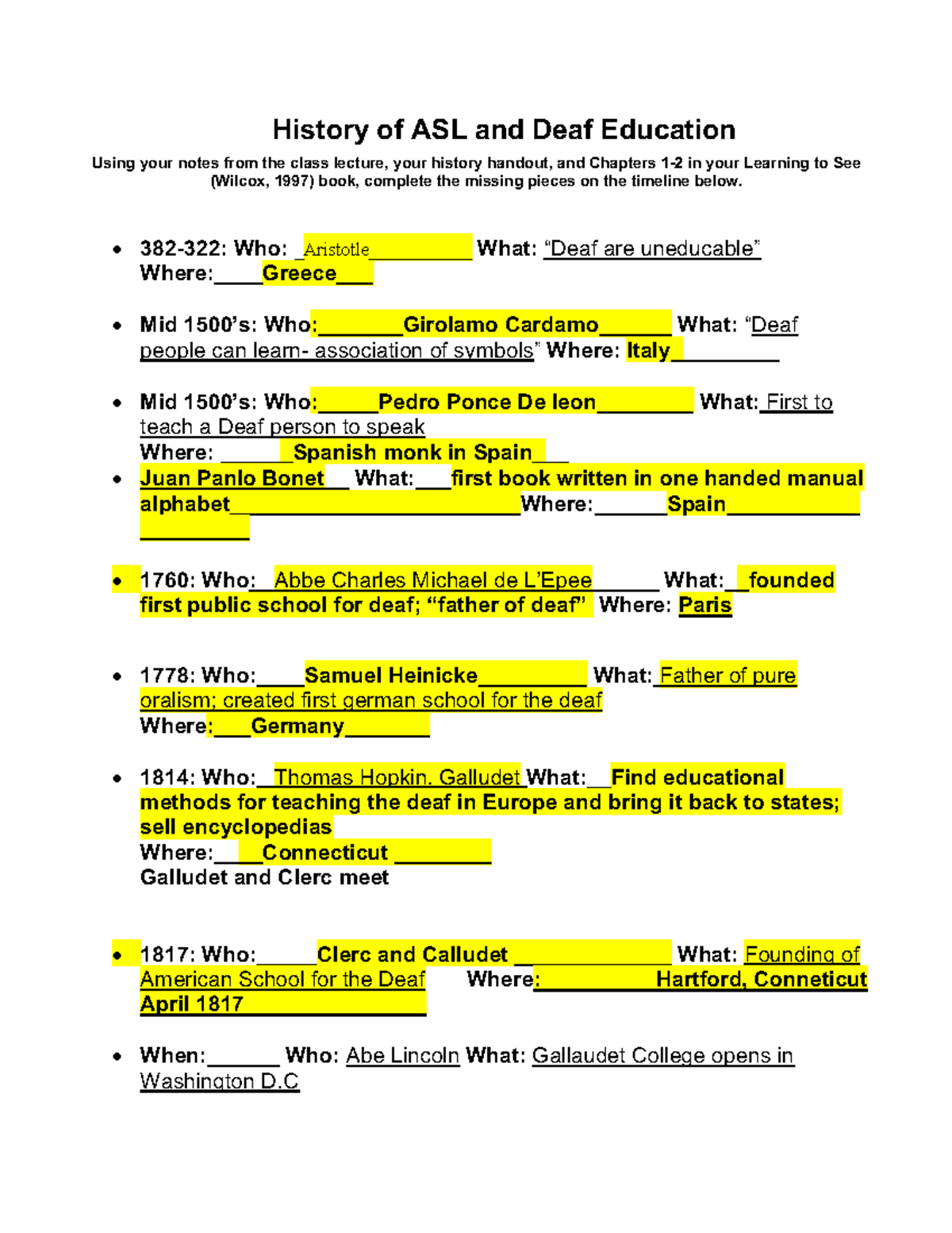 History Timeline Handout History of ASL and Deaf Education Using your
