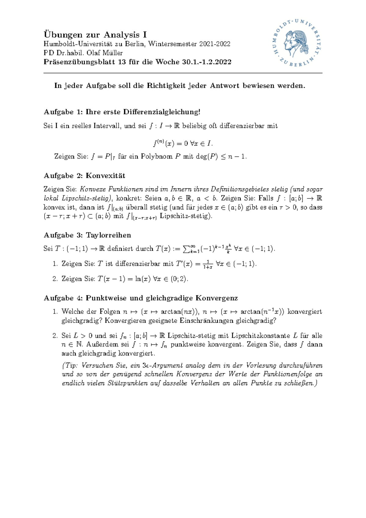 Ana 1 Präsenzblatt 13 - Ubungen Zur Analysis I ̈ Humboldt-Universit ̈at ...