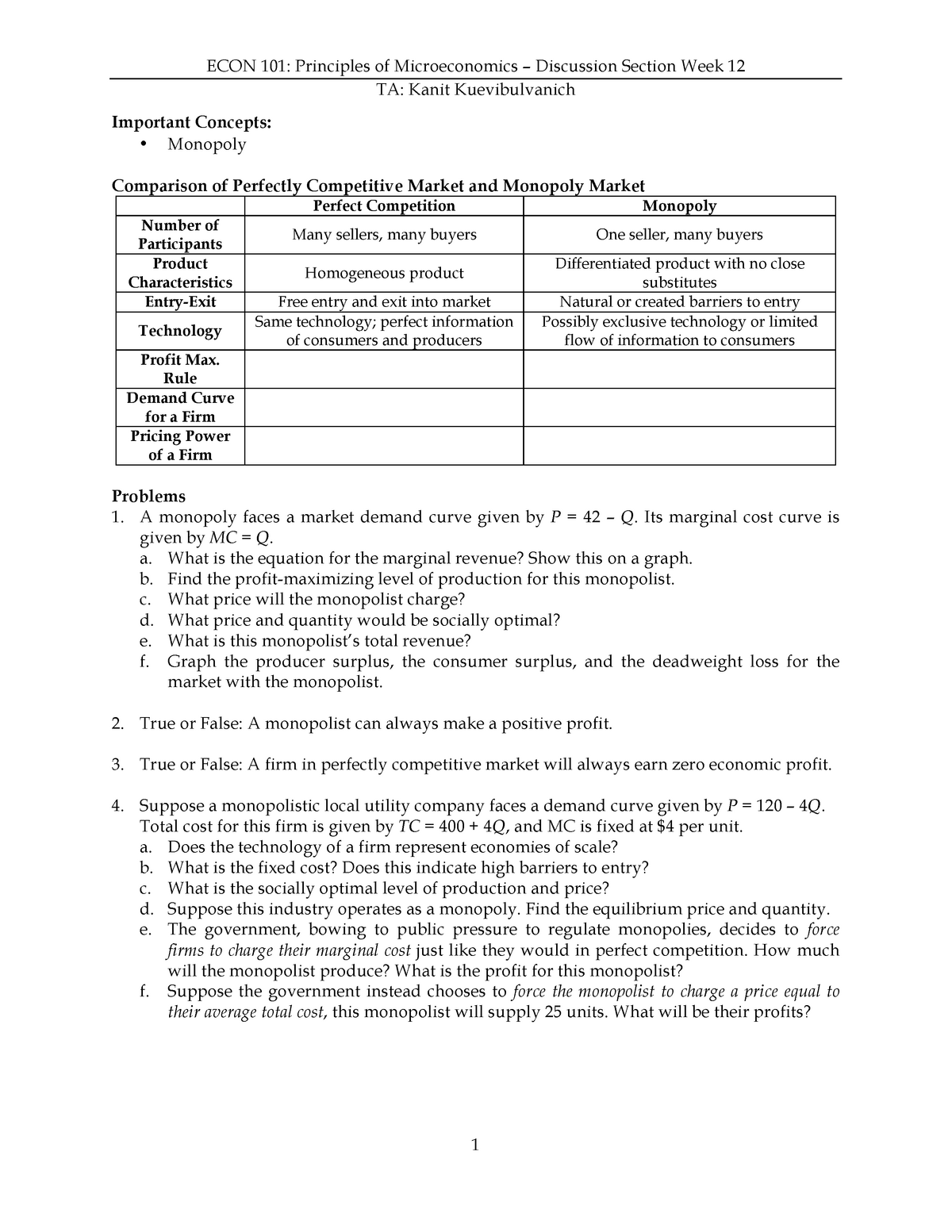 Monopoly exercise - TA: Kanit Kuevibulvanich Important Concepts ...