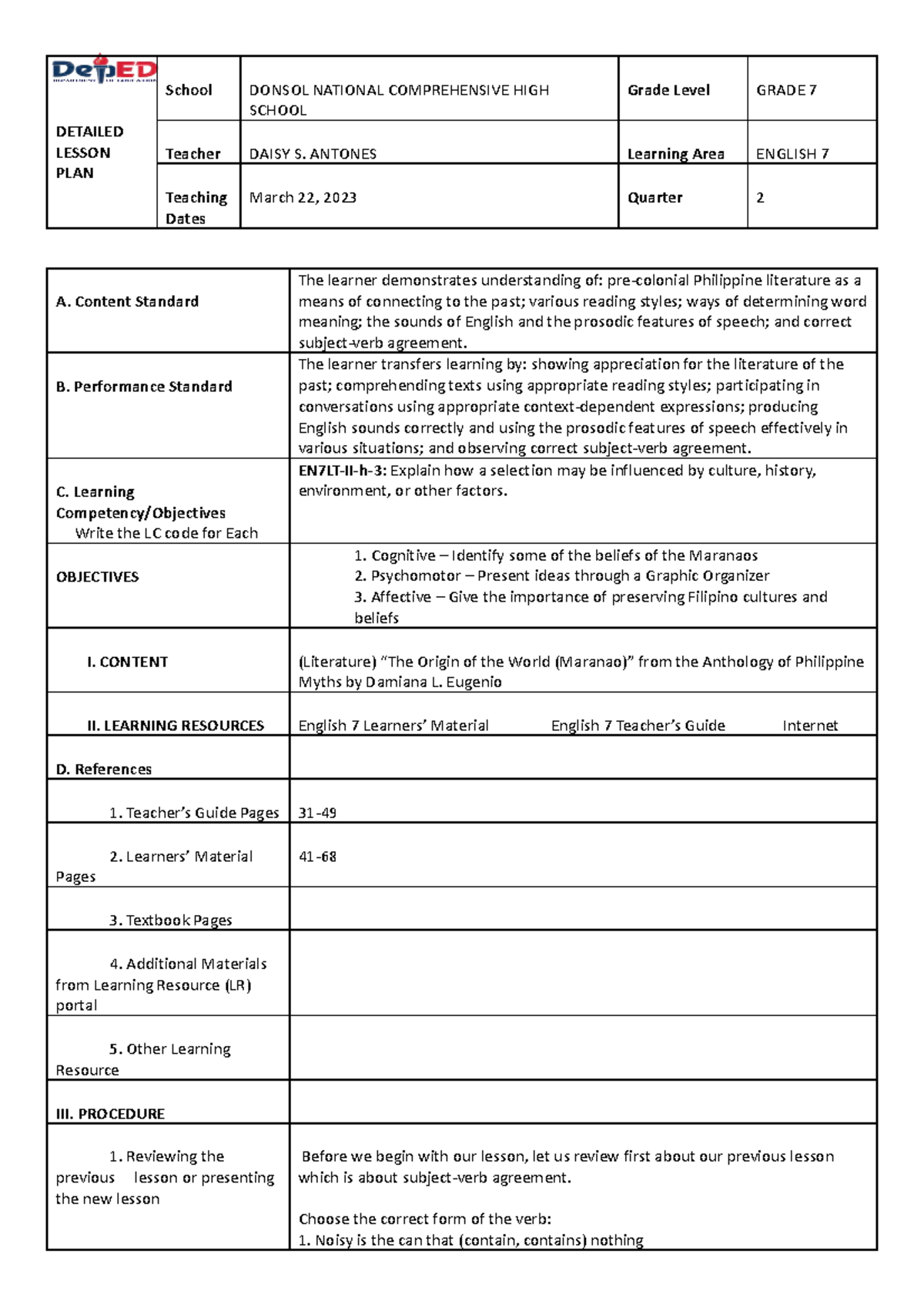 CO-1-DLL - For rresources - DETAILED LESSON PLAN School DONSOL NATIONAL ...