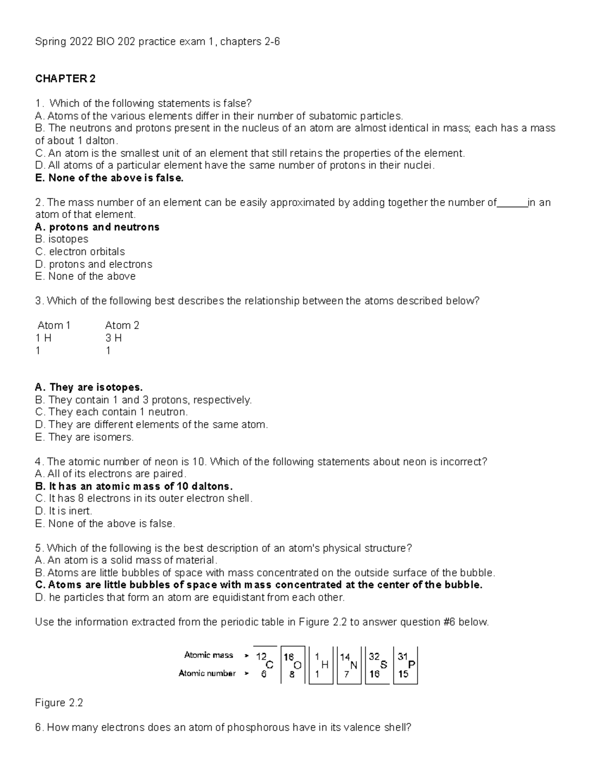 Spring 2022 BIO 202 practice exam 1 without answers - Spring 2022 BIO ...