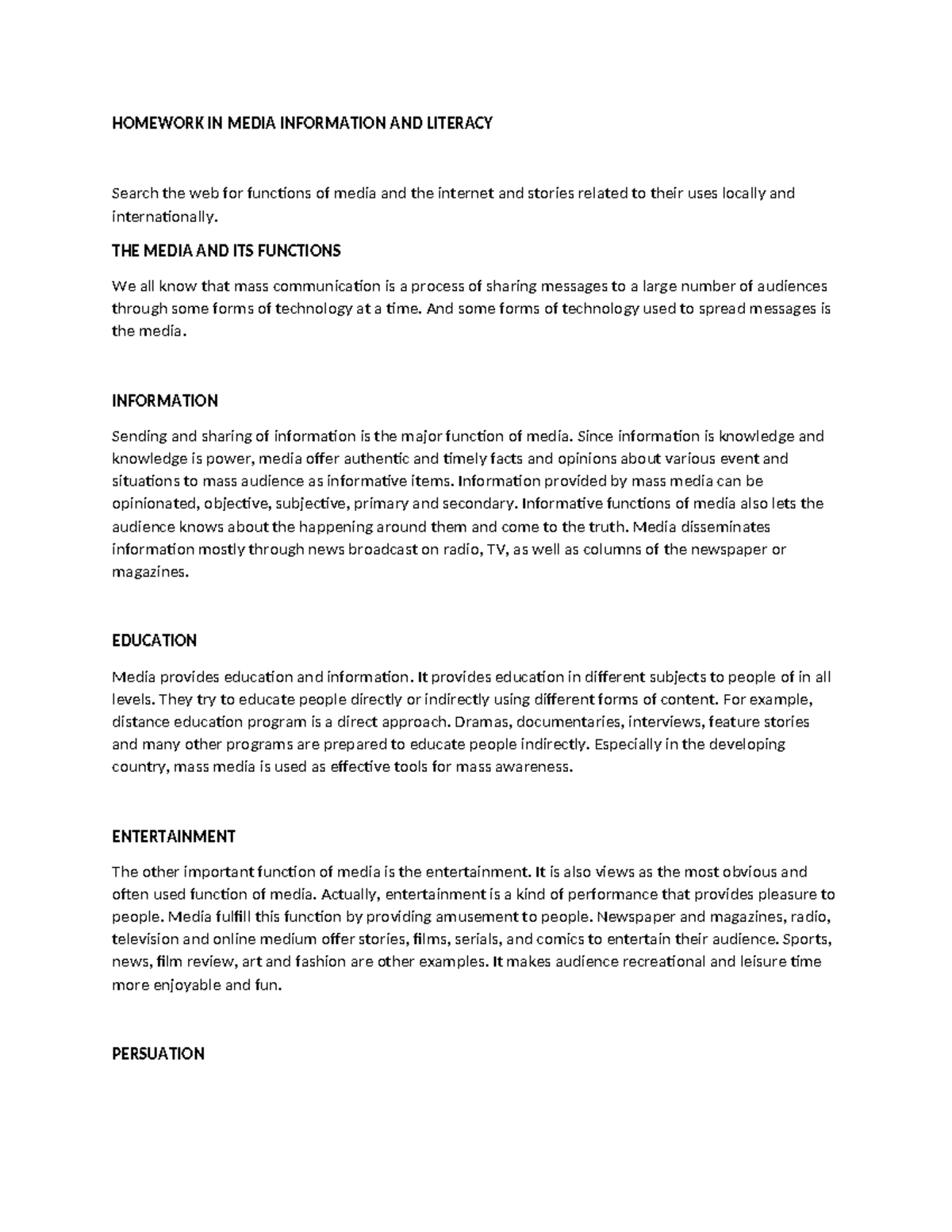 Homework IN Media Information AND Literacy - HOMEWORK IN MEDIA ...