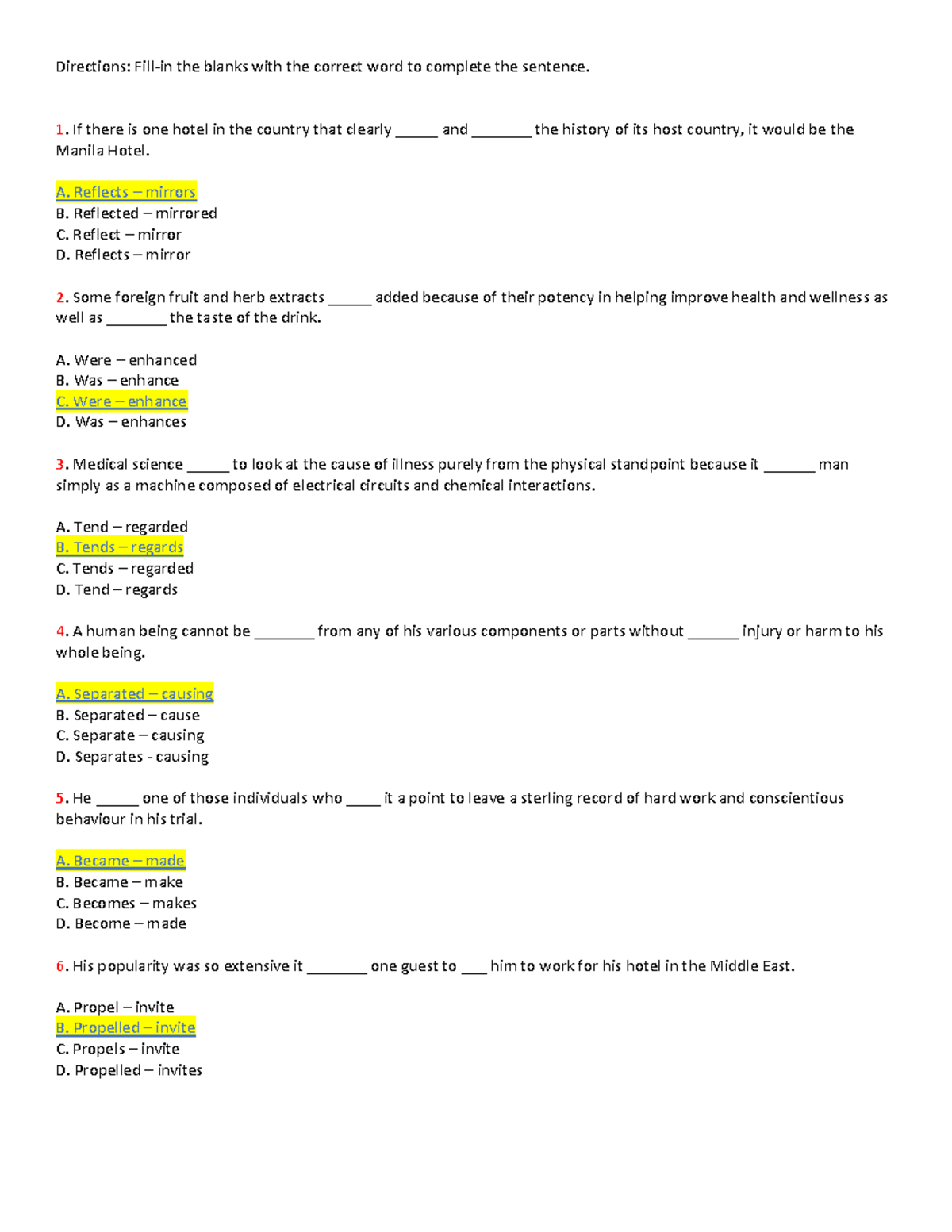 Completing Sentence - Directions: Fill-in the blanks with the correct ...