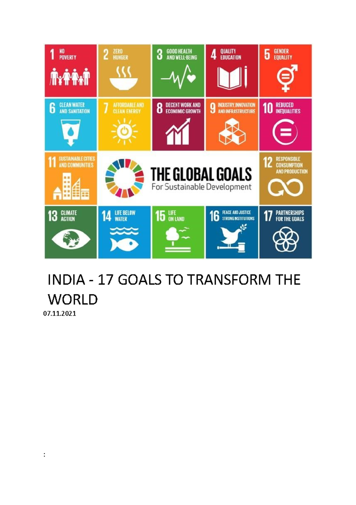 17 Goals To Transform India Sdg Assignment India 17 Goals To Transform The World By Atiya 1389