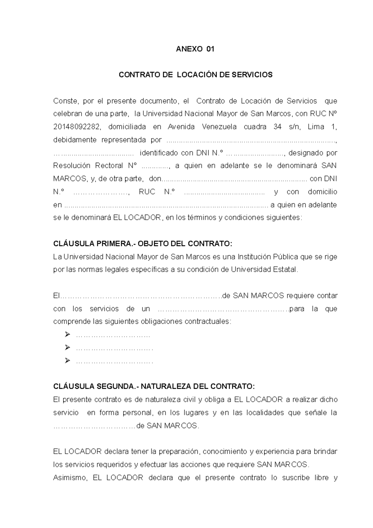 Ejemplo Locacion DE Servicio - ANEXO 01 CONTRATO DE LOCACIÓN DE ...