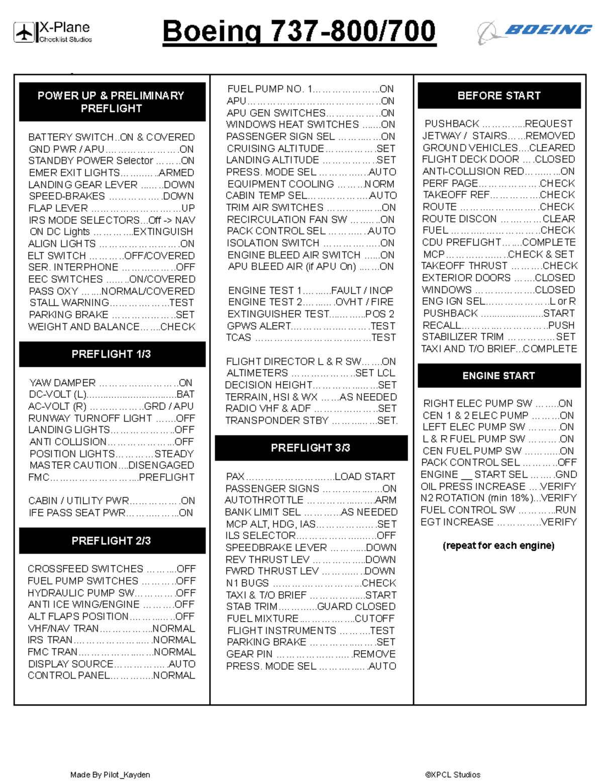 Zibo Boeing 737 2 Page Checklist - Boeing 737-800/ + POWER UP ...