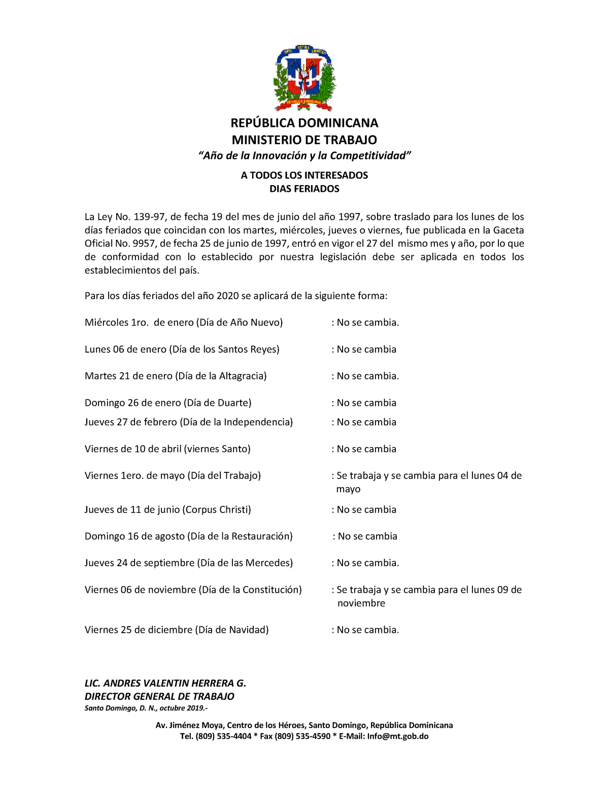 Diasferiados dias festivos nacionales REPÚBLICA DOMINICANA MINISTERIO DE TRABAJO “Año de la