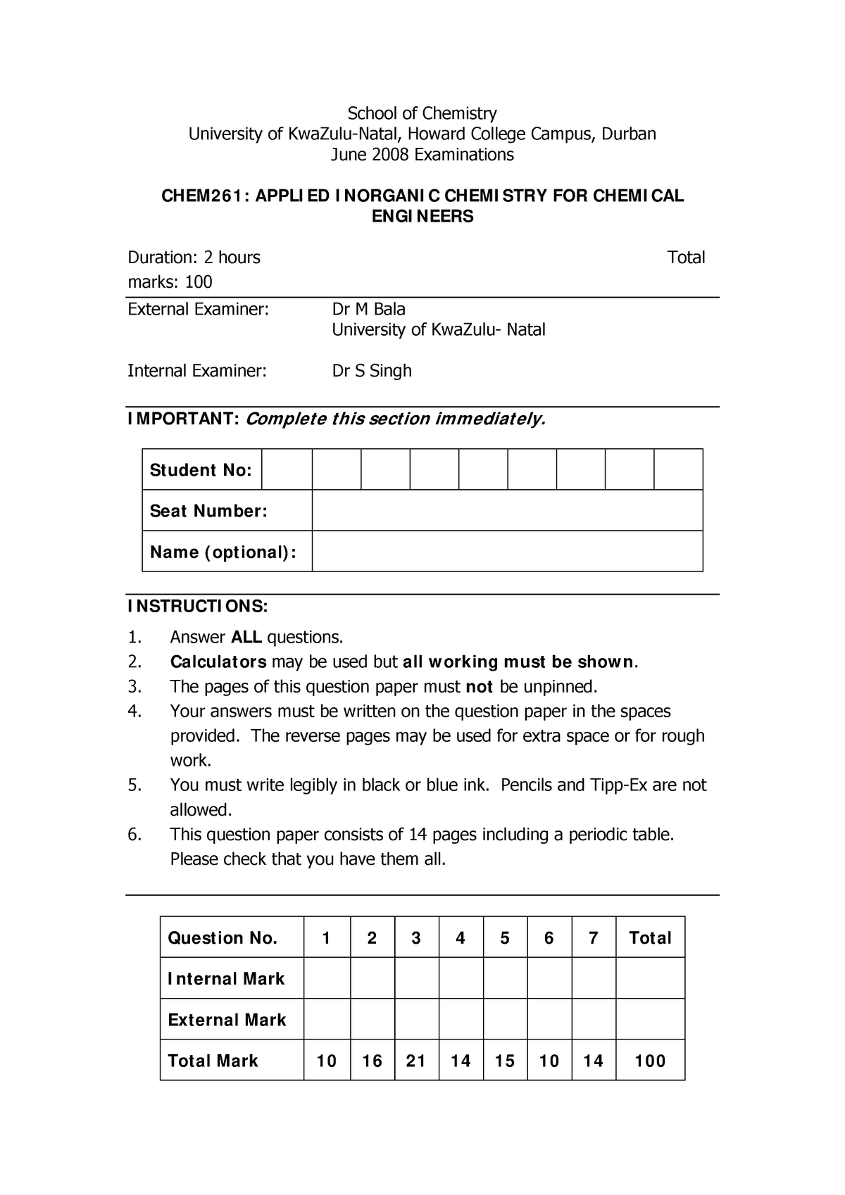 CHEM 210 - INORGANIC CHEMISTRY I EXAM 2008 - School of Chemistry ...