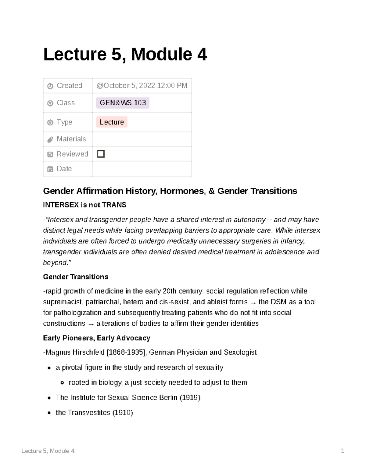 Lecture 5 Module 4 - Notes about women's bodies, health, sexuality, and ...