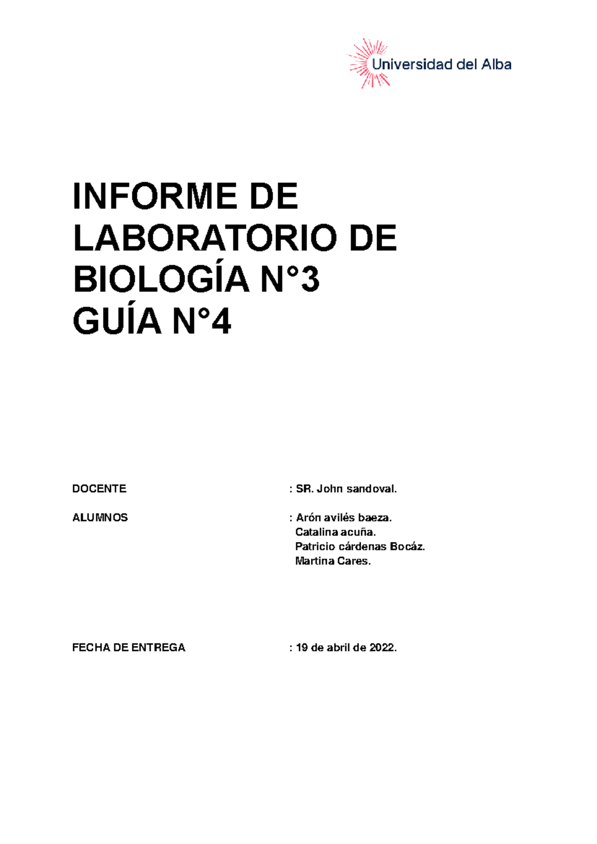 Informe De Laboratorio De Biología N3 Informe De Laboratorio De