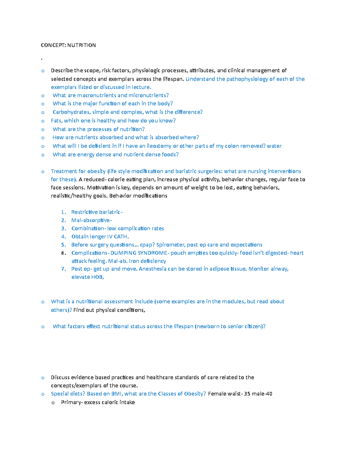 Concept Study Guide Nutrition CONCEPT NUTRITION . o Describe the