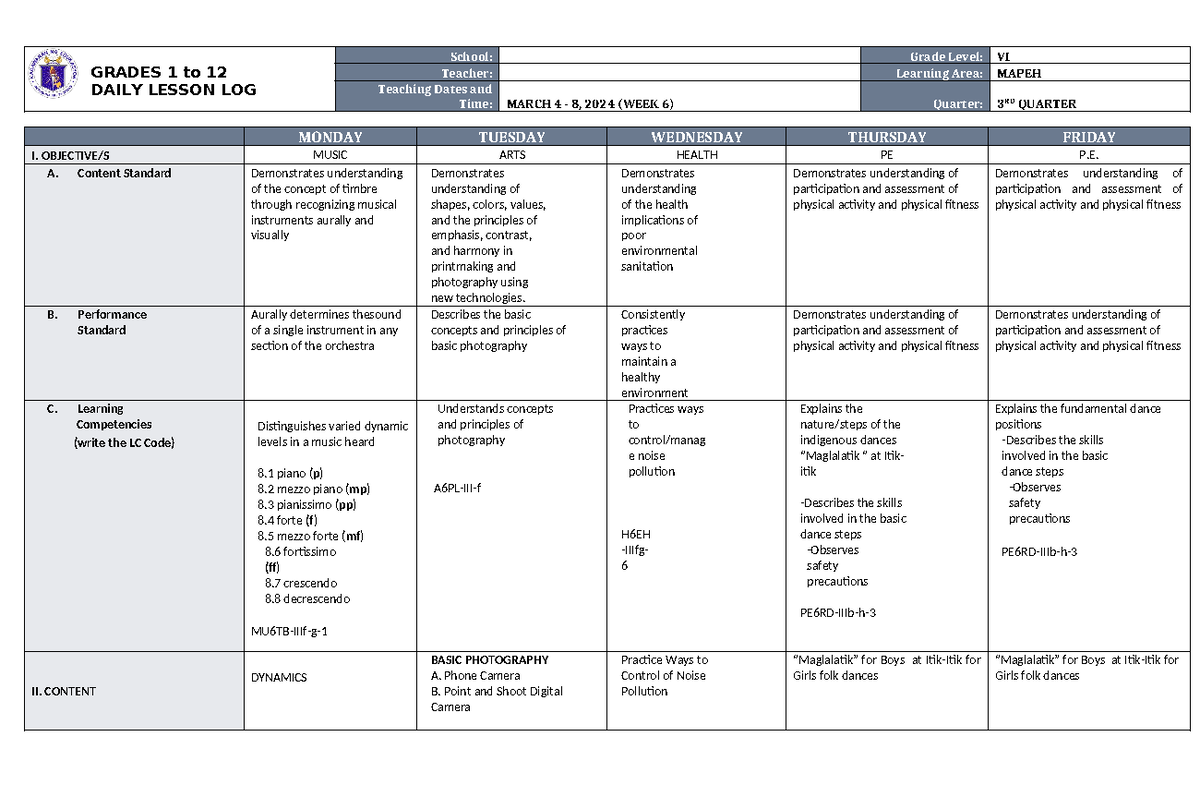 DLL Mapeh 6 Q3 W6 (Auto Recovered) - GRADES 1 to 12 DAILY LESSON LOG ...