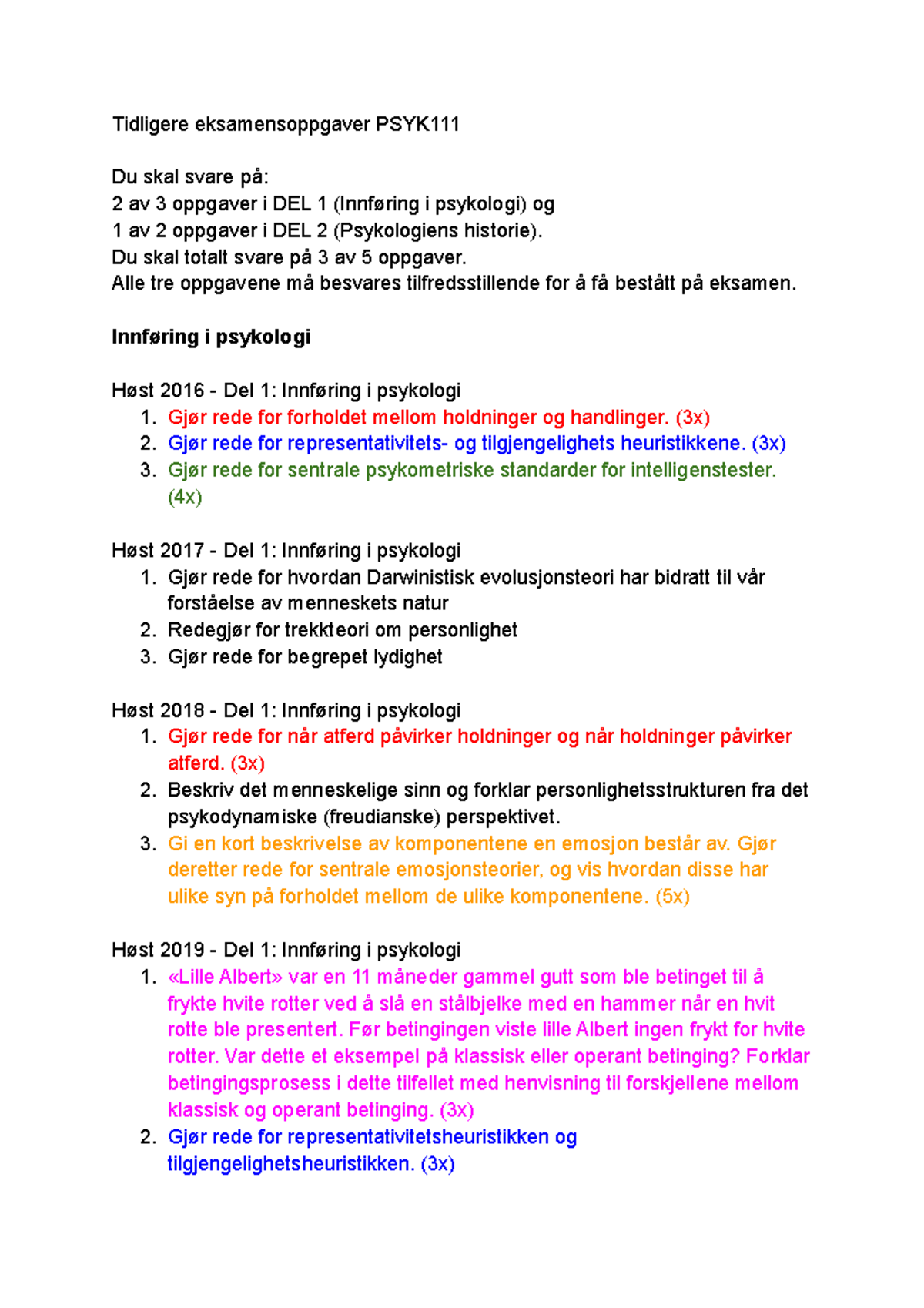 Tidligere-eksamensoppgaver-PSYK111-revidert - Tidligere Eksamensoppgaver PSYK Du Skal Svare På ...