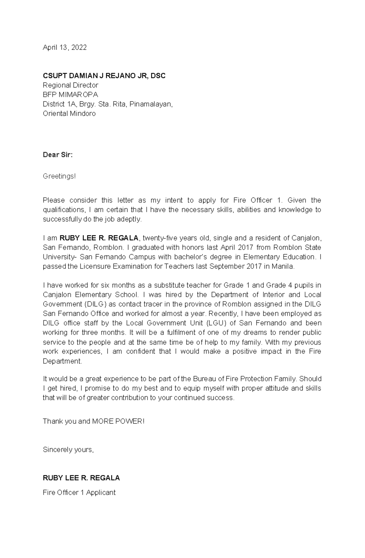 application letter address to regional director bfp