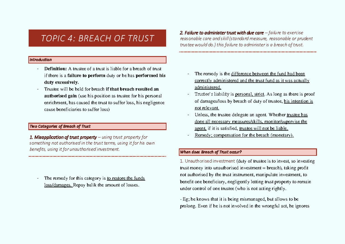 Breach OF Trusts Lecture notes 5 TOPIC 4 BREACH OF TRUST Intro duction Definition A