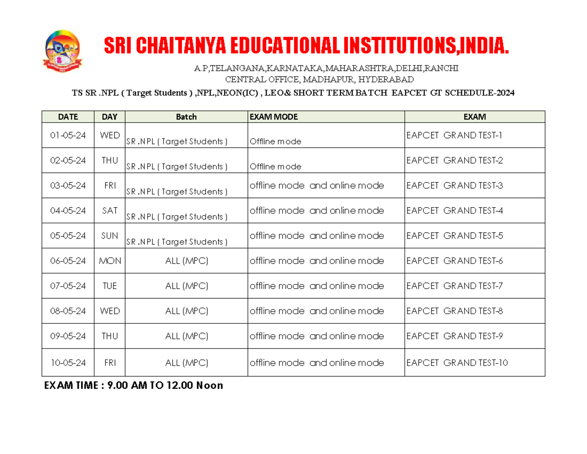 TS SR .NPL ( Target Students ) ,NPL,NEON(IC) , LEO& Short TERM Batch