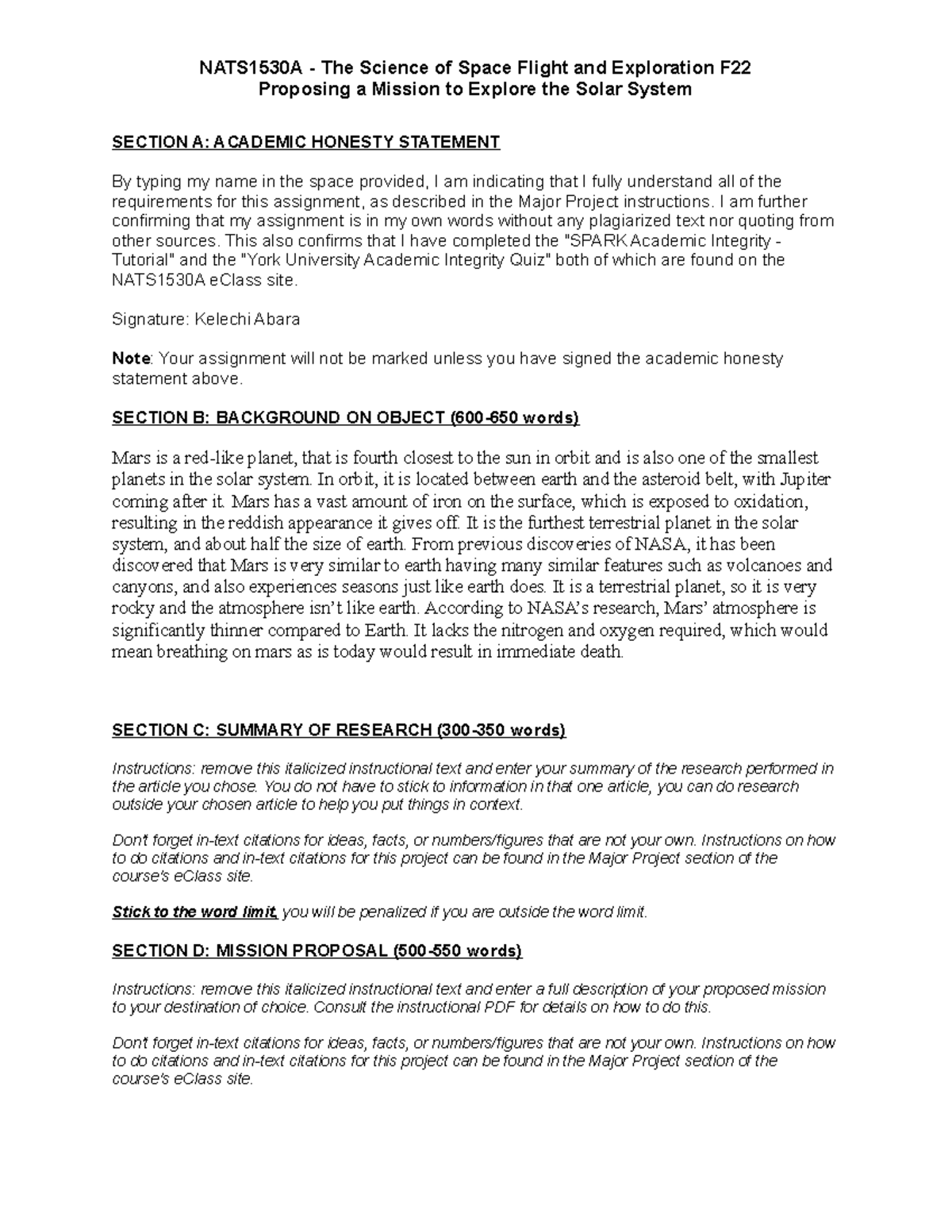 Template nats1530a major project - NATS1530A - The Science of Space ...