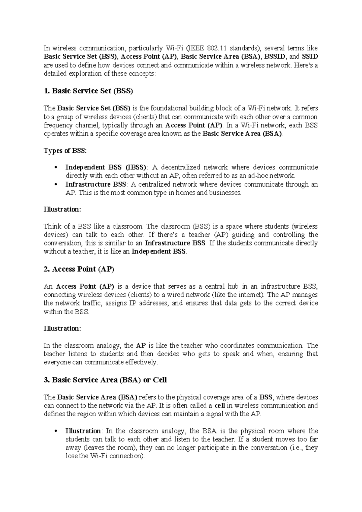 Basic Service Set (BSS), Access Point (AP), Basic Service Area (BSA