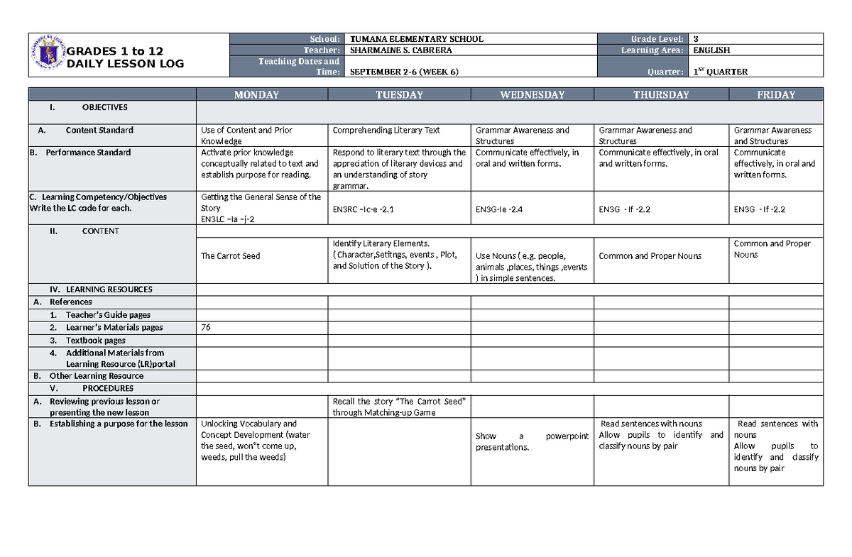 DLL English 3 Q1 W6 - dll - GRADES 1 to 12 DAILY LESSON LOG School ...
