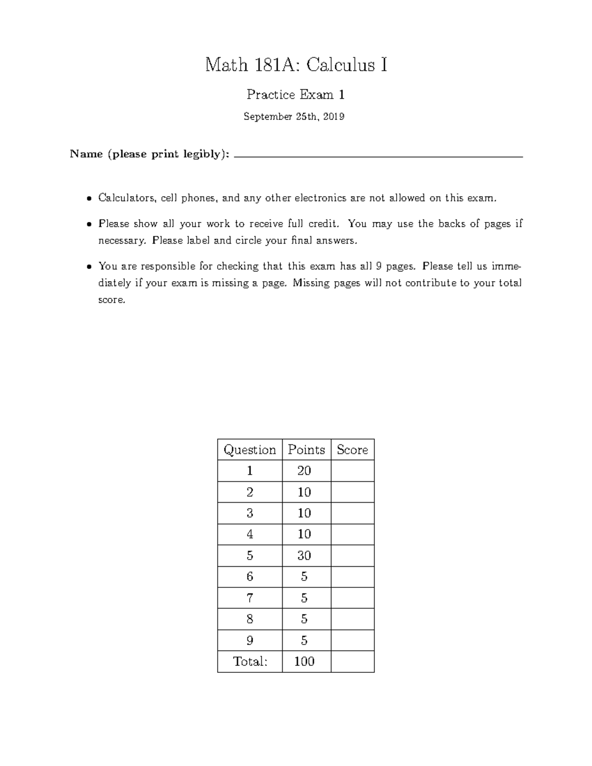 Practice Exam1 - Math 181A: Calculus I Practice Exam 1 September 25th ...