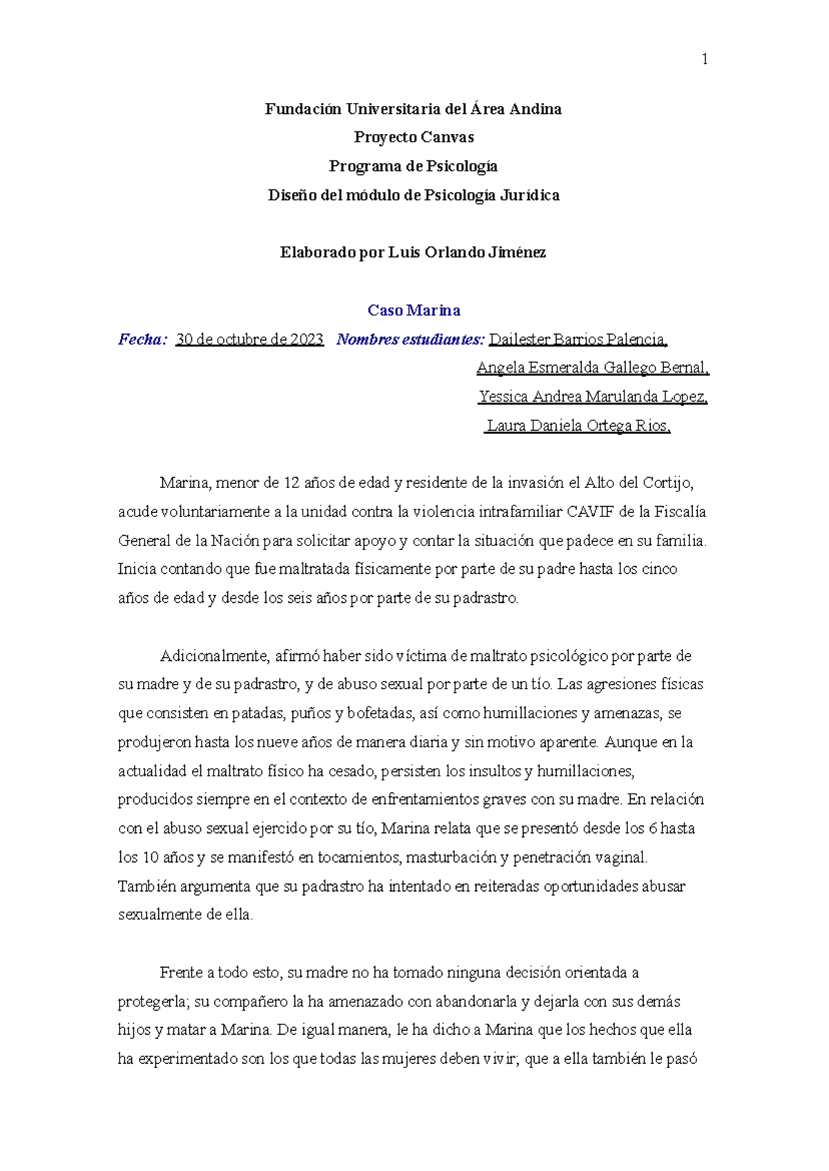 Caso de Marina Fundación Universitaria del Área Andina Proyecto