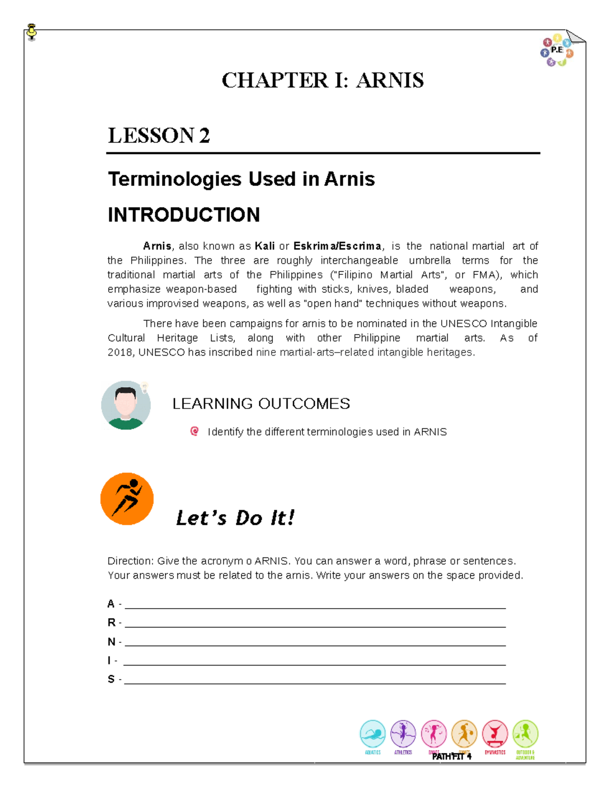Physical Education P CHAPTER I ARNIS LESSON 2 Terminologies Used in