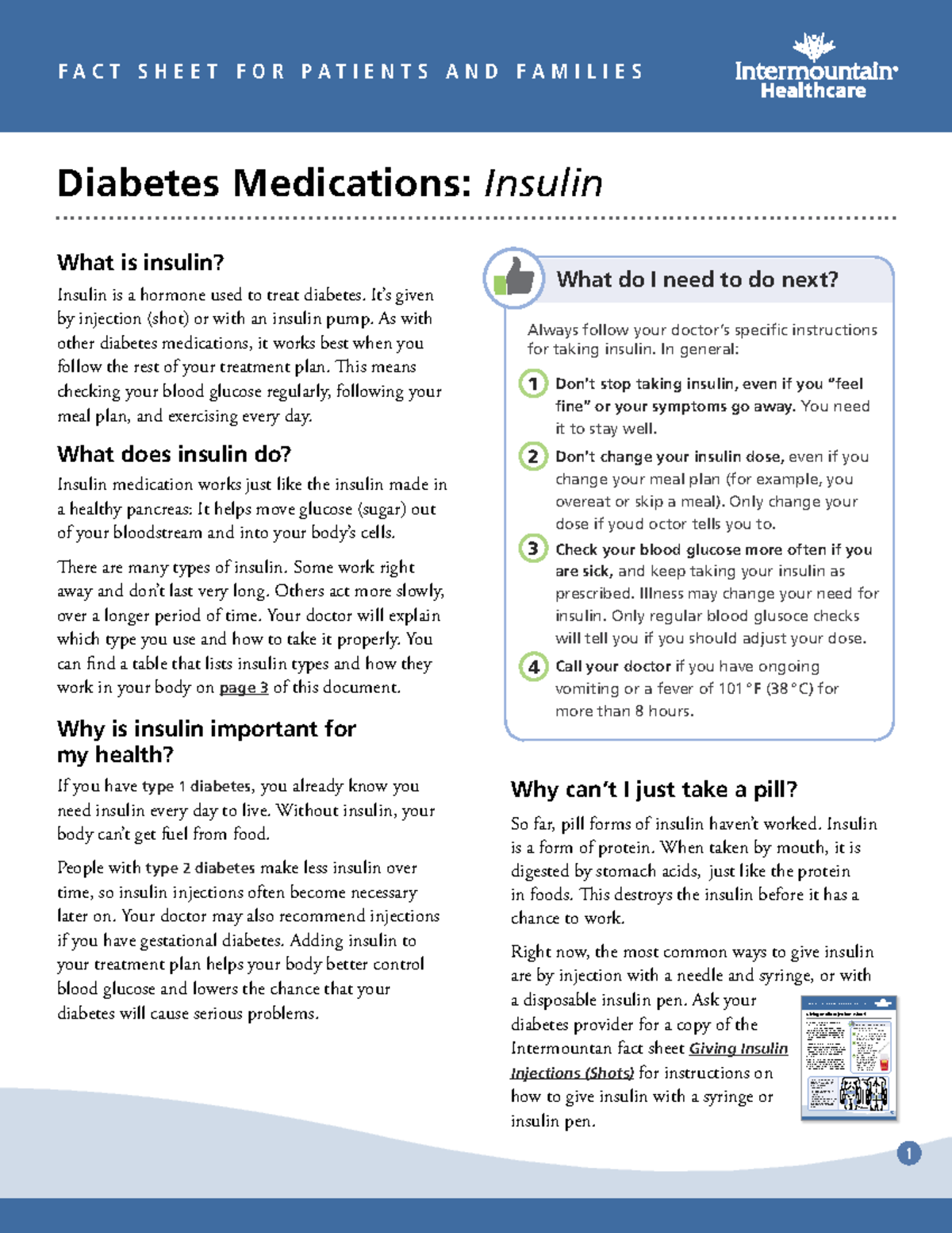 Diabetes Medications Insulin Fact Sheet - F A C T S H E E T F O R P A T