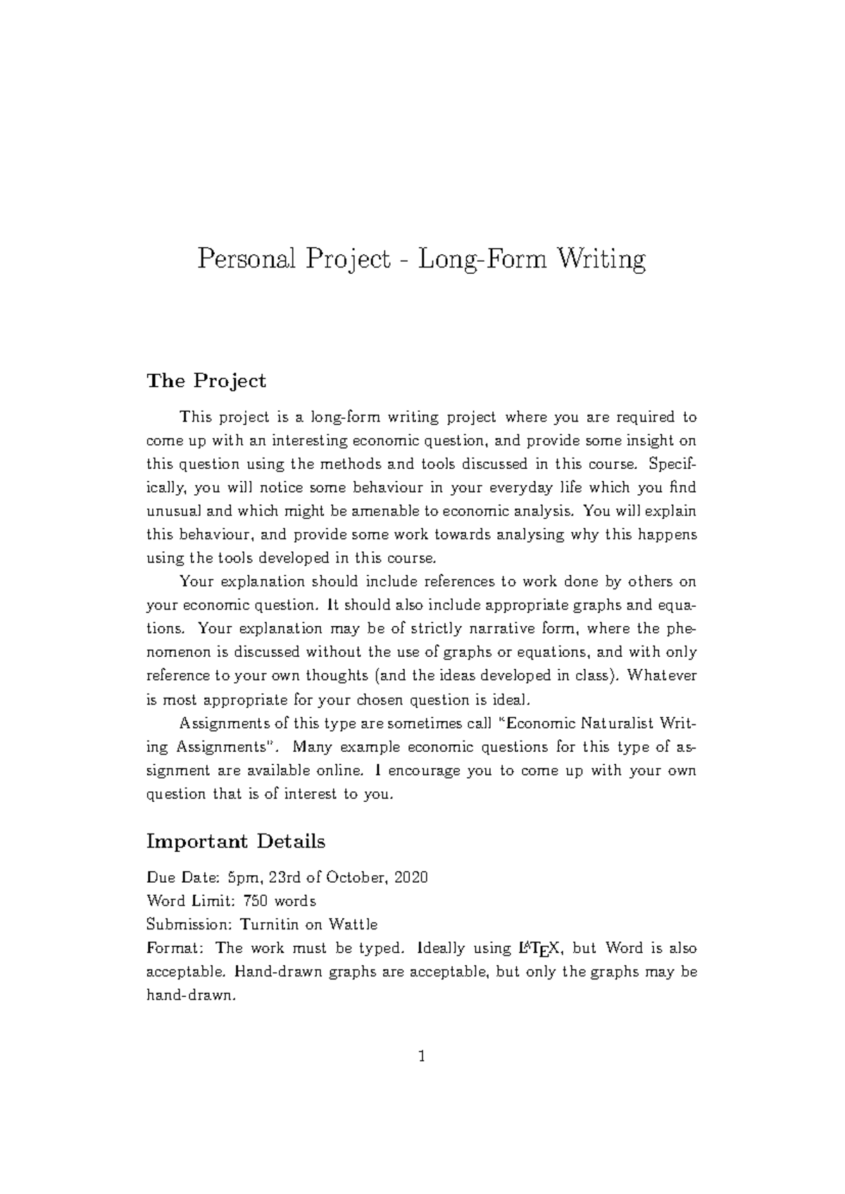 Personal Project - Assignment Sheet - Personal Project - Long-Form ...
