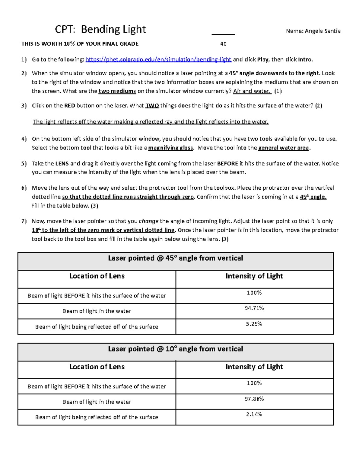 Bending Light Lab Gizmos Worksheet - Studocu