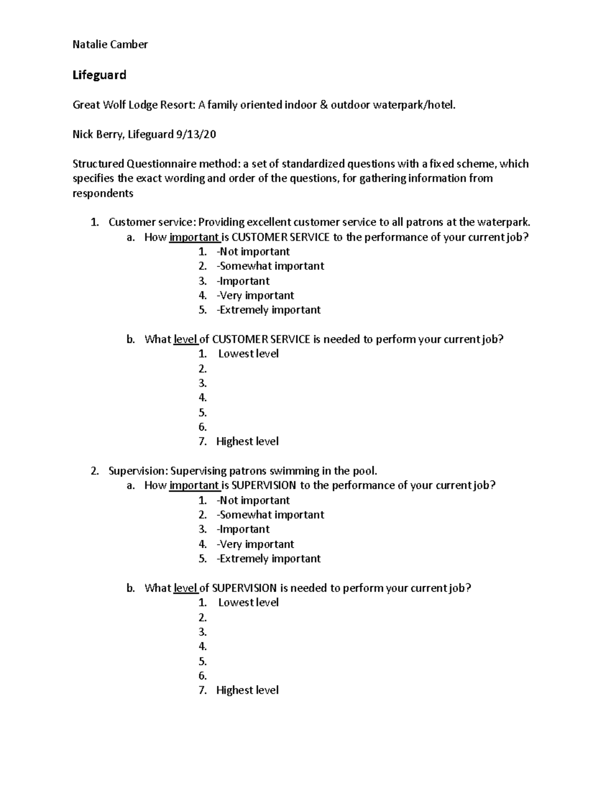 Job Analysis Assignment Lifeguard Great Wolf Lodge Resort A family