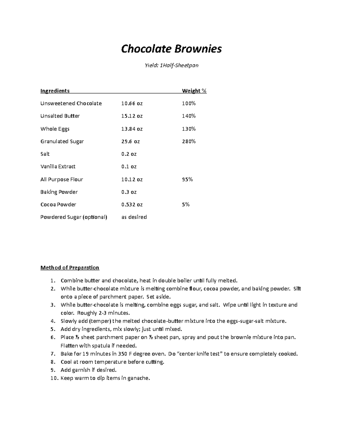 Brownie Recipe Chocolate Brownies Yield 1HalfSheetpan Ingredients