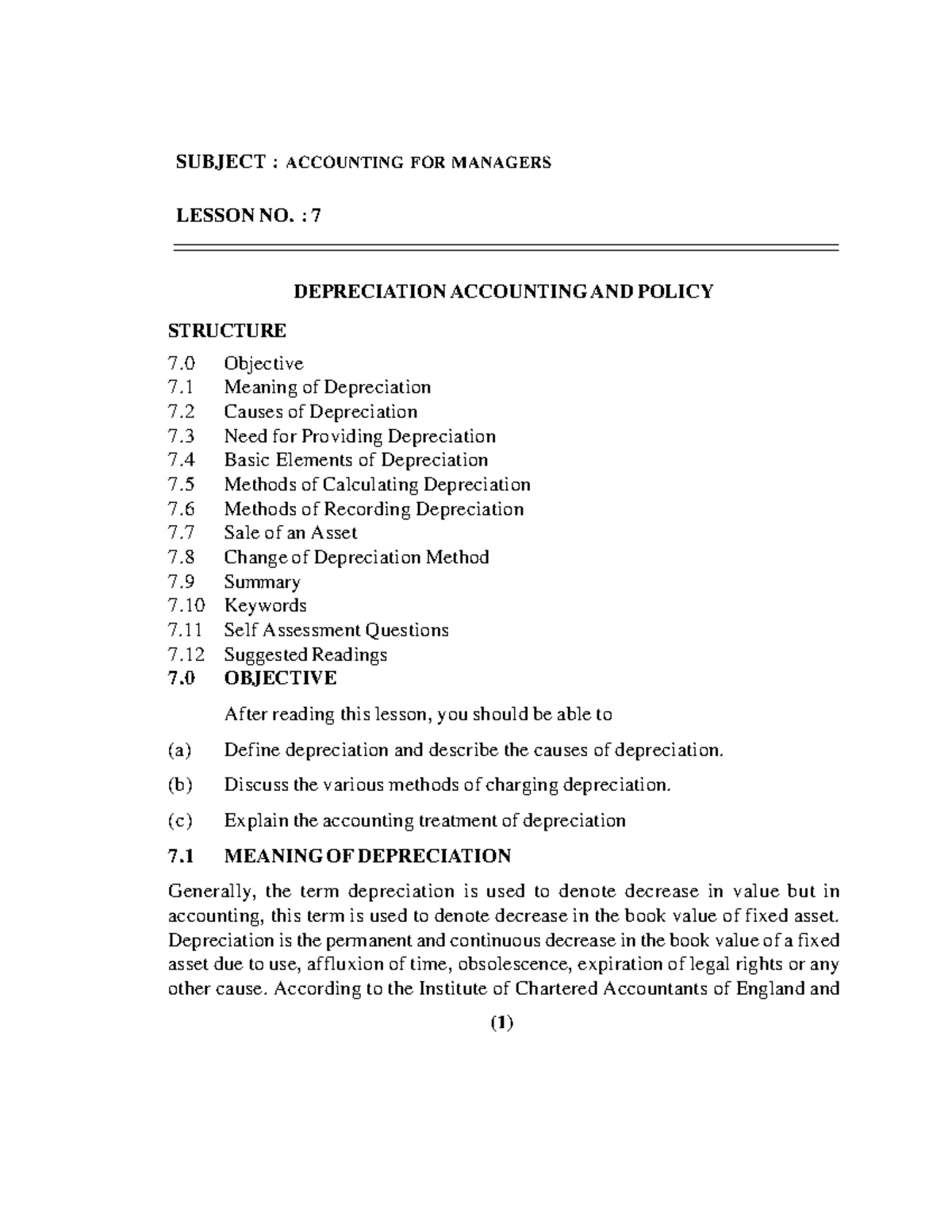 Financial accounting SUBJECT ACCOUNTING FOR MANAGERS LESSON NO. 7