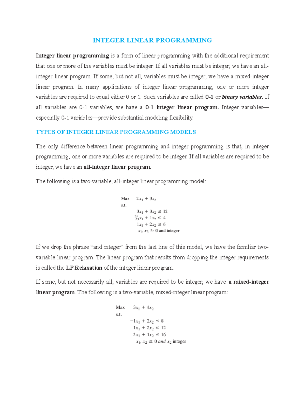 Integer Linear Programming Notes - INTEGER LINEAR PROGRAMMING Integer ...