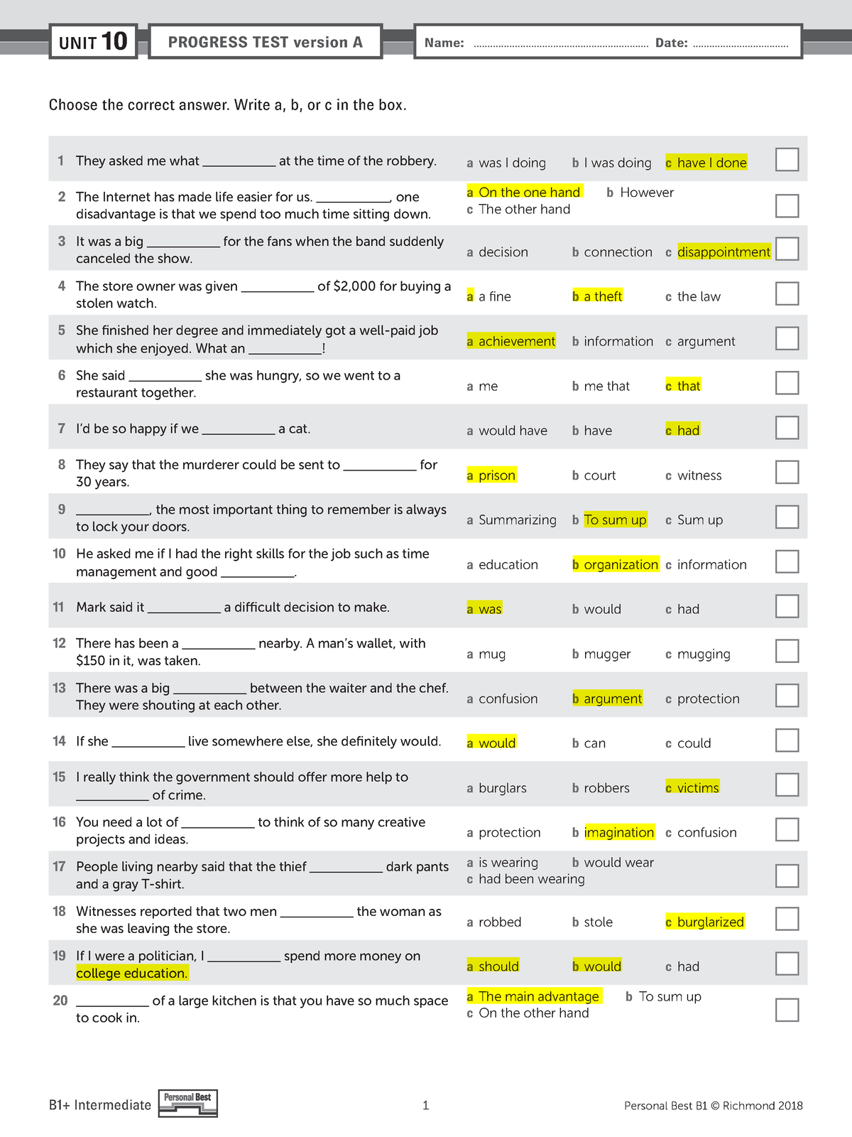 PB Am E B1+ Unit Test U10 Version Afi - Choose the correct answer ...