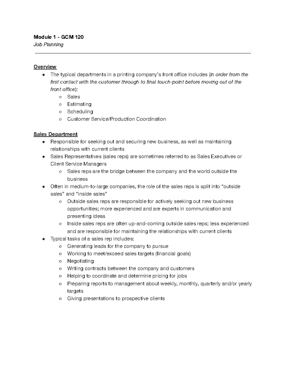 Job Planning - Notes - Module 1 - GCM 120 Job Planning Overview The ...