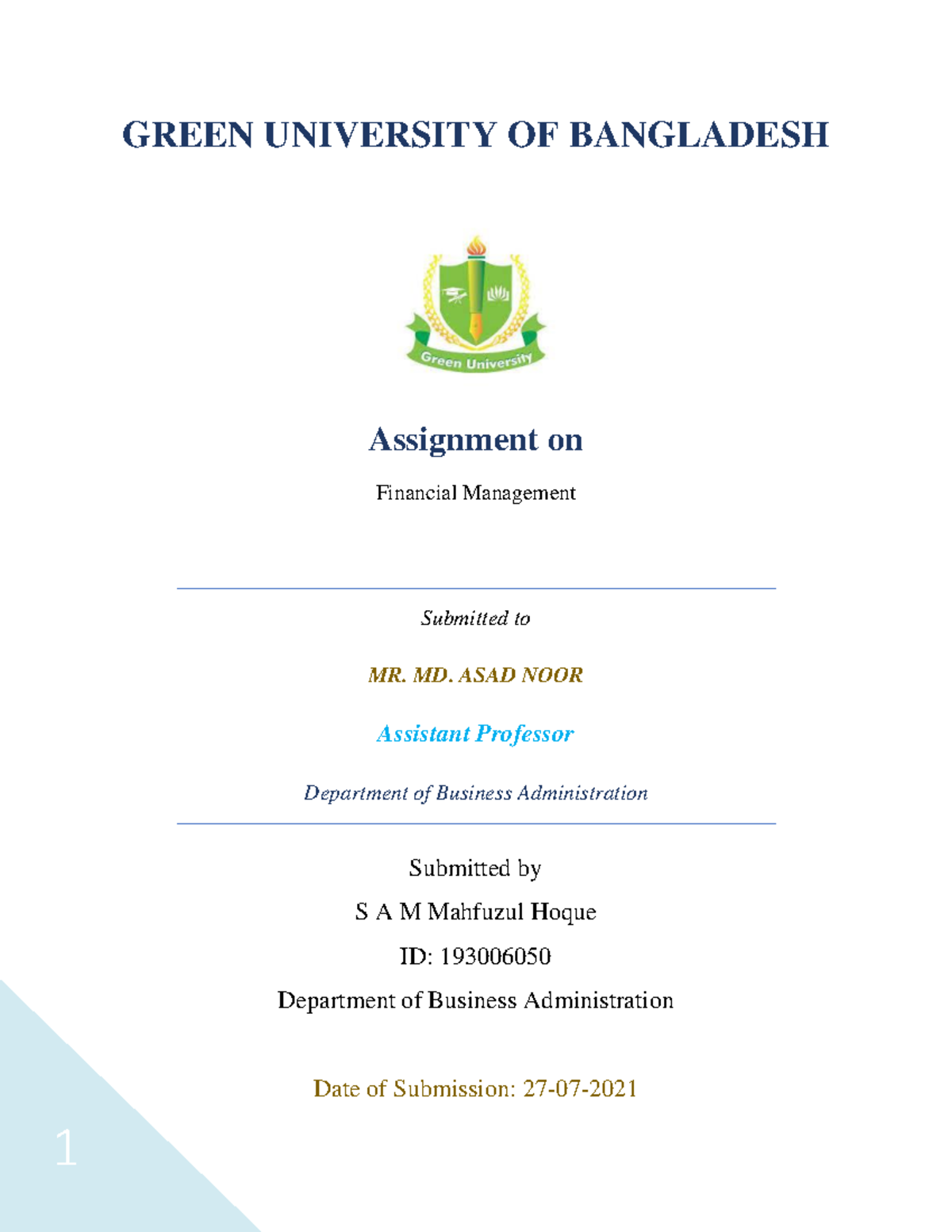 Financial Management - Introduction to finance - GREEN UNIVERSITY OF ...