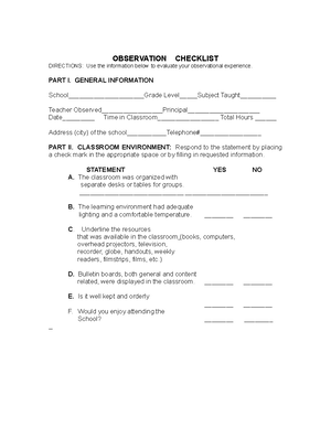 Observation Checklist Two 2 - Your Name ...