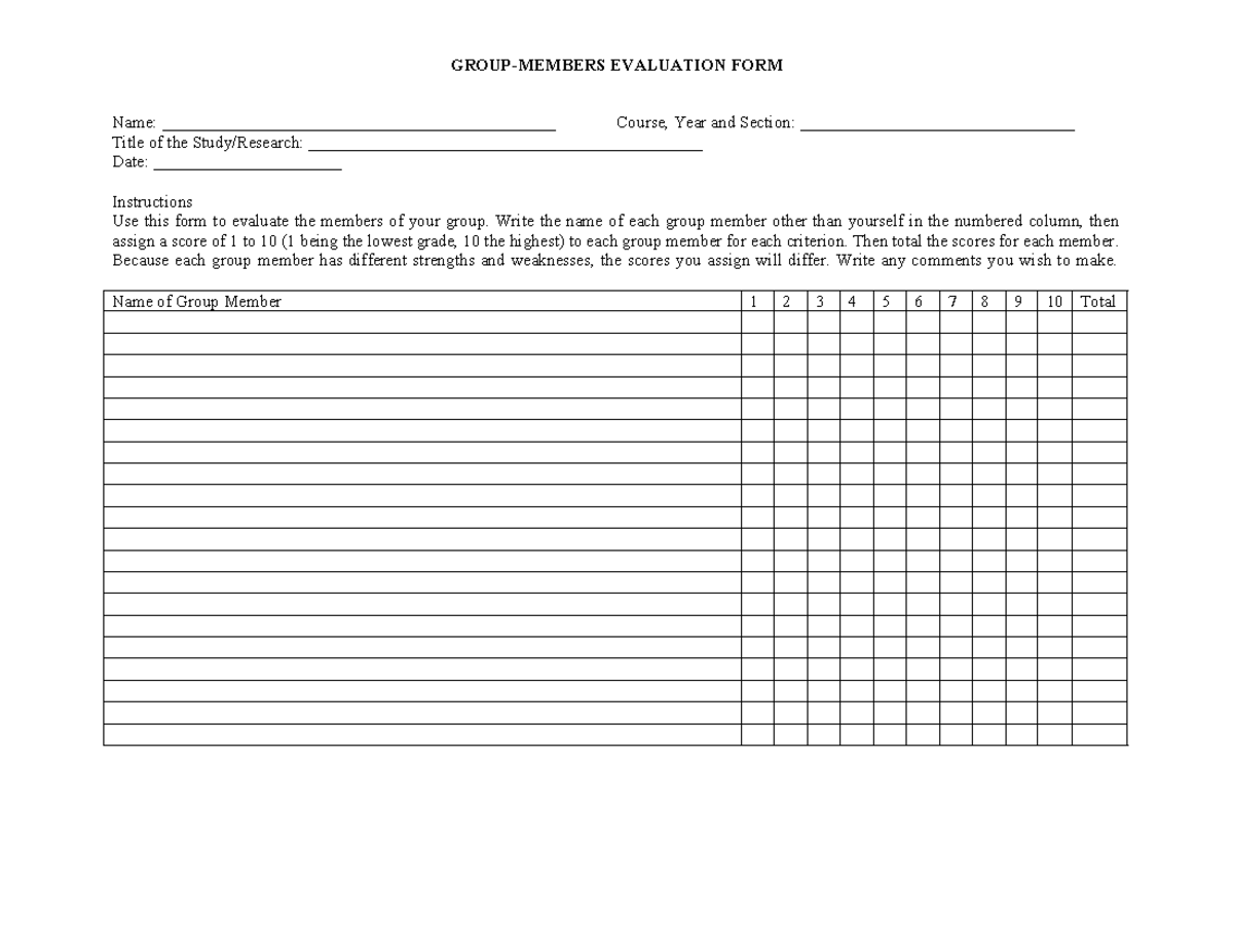 Group Member Evaluation Form (Experimental) - GROUP-MEMBERS EVALUATION ...