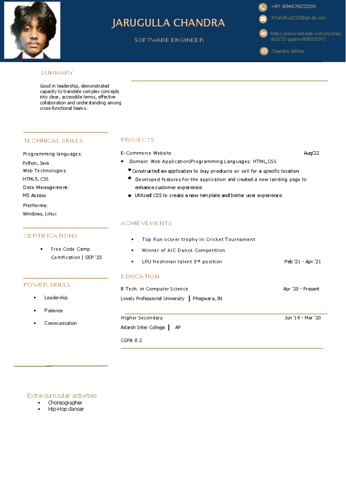 Chandu - JARUGULLA CHANDRA SOFTWARE ENGINEER SUMMARY TECHNICAL SKILLS ...