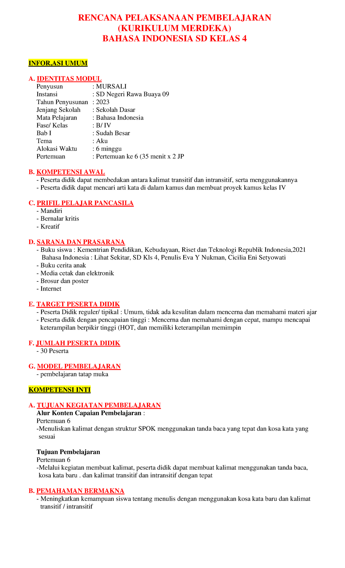 RPP B Indonesia (Mursali) - RENCANA PELAKSANAAN PEMBELAJARAN (KURIKULUM ...