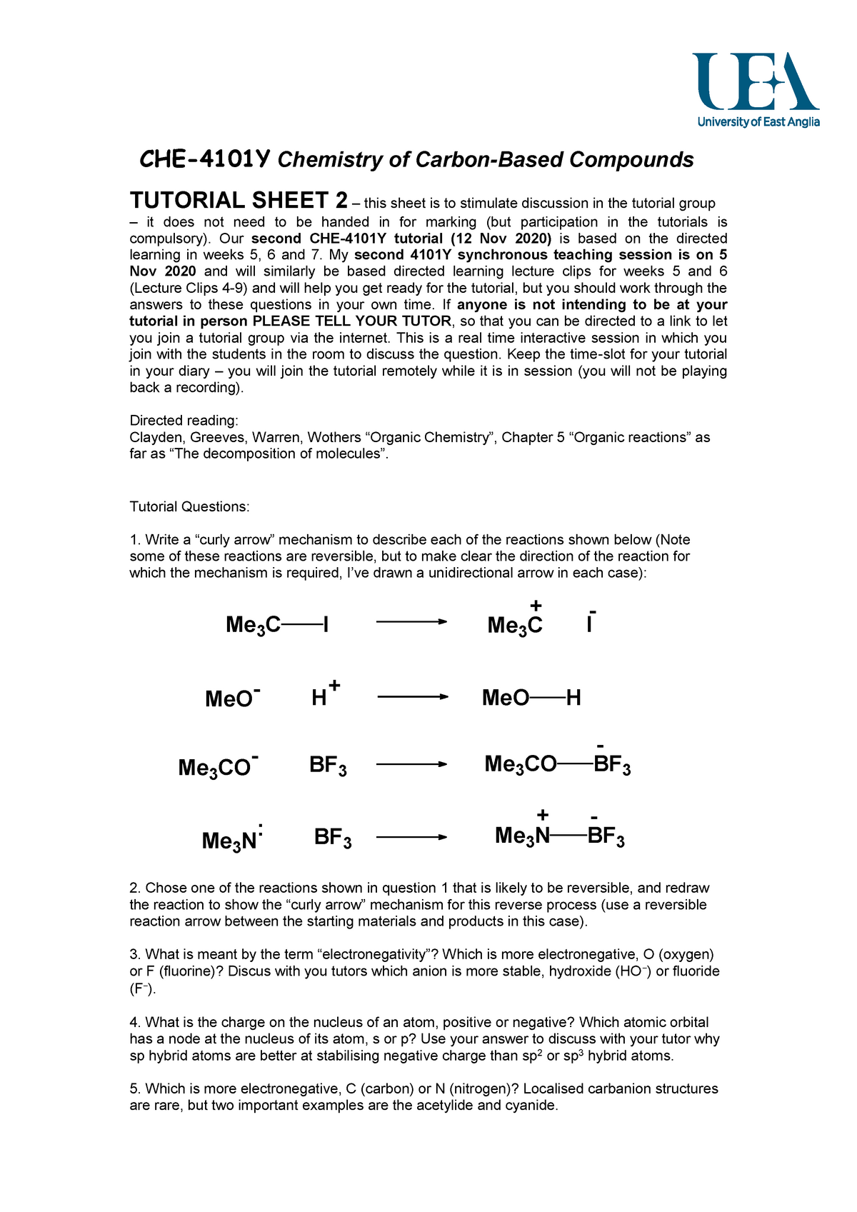 CHE-4101Y T2 Tutorials Sheet 2 S1-2020-21 - CHE-4101Y Chemistry of ...