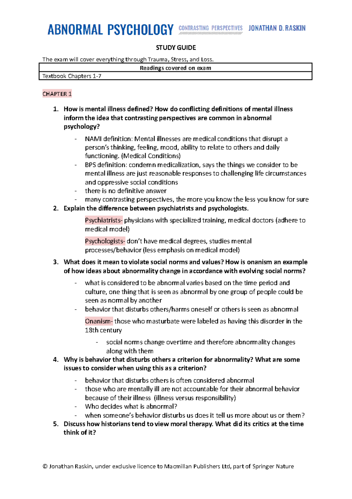 Abnormal Ch 1 Exam 1 study guide - STUDY GUIDE The exam will cover ...